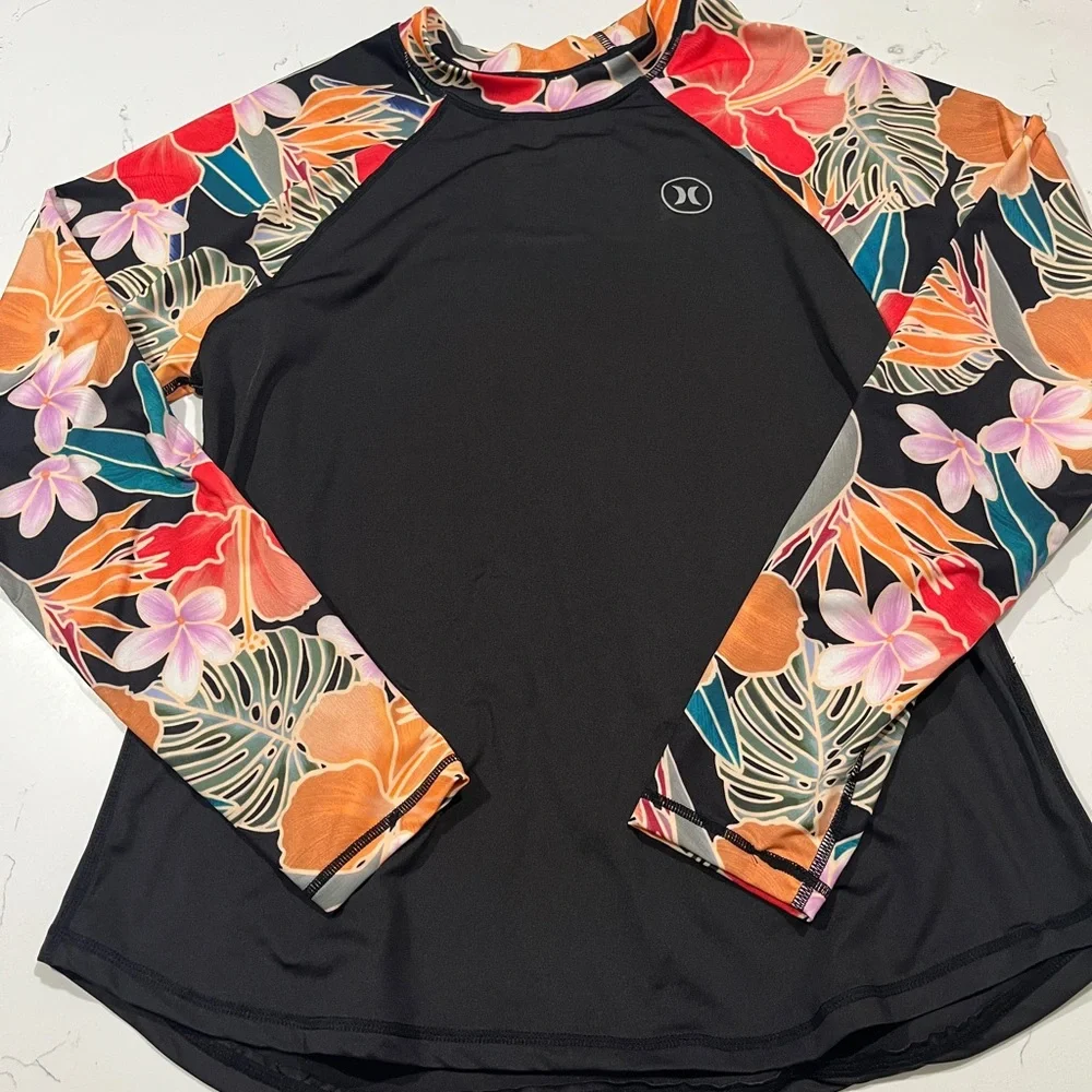 Hurley Black Rash Guard with Floral Sleeves - Picture 1 of 3